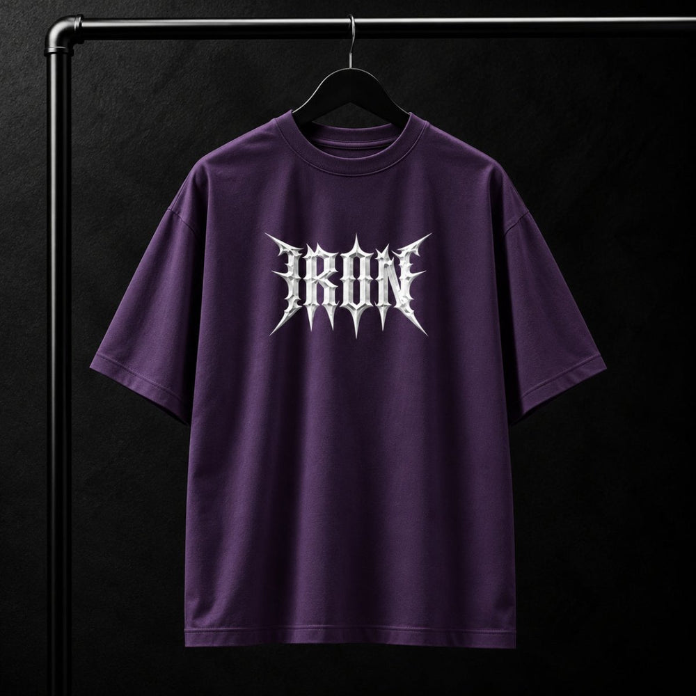 NBD IRON 240 GSM oversized T-shirt in Purple — front view, IRON raised in white 3D puff print across the chest, studio shot on a hanger