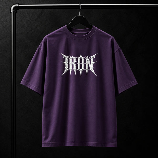 NBD IRON 240 GSM oversized T-shirt in Purple — front view, IRON raised in white 3D puff print across the chest, studio shot on a hanger