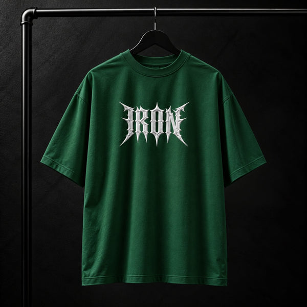 NBD IRON 240 GSM oversized T-shirt in Bottle Green — front view, IRON raised in white 3D puff print across the chest, studio shot on a hanger