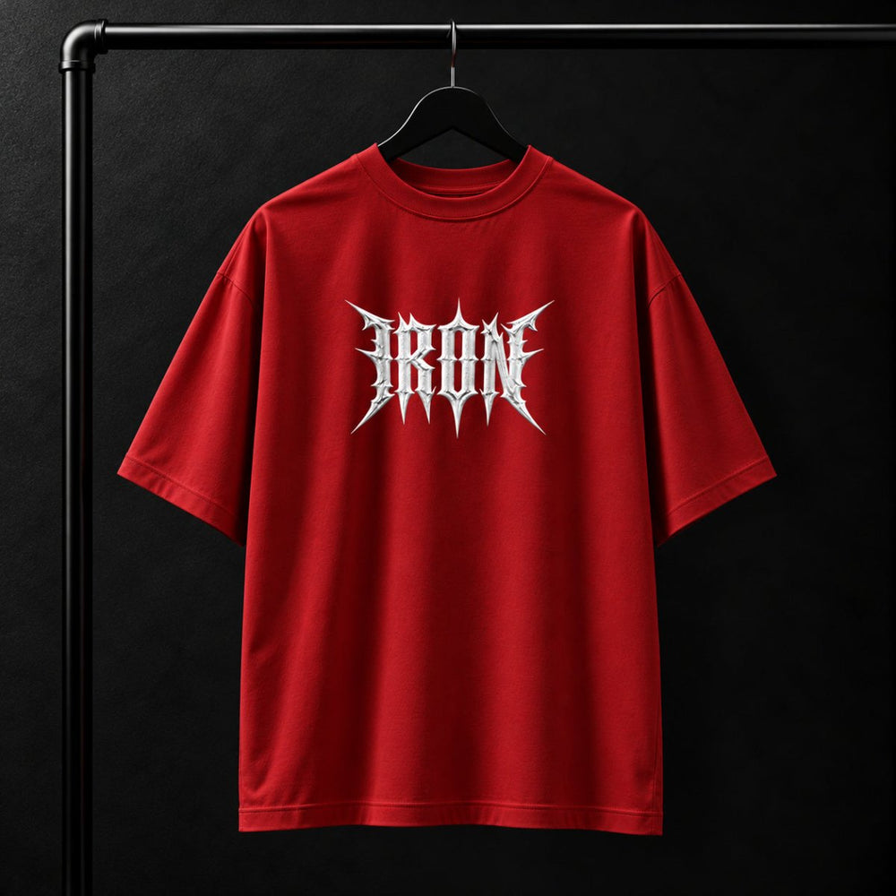 NBD IRON 240 GSM oversized T-shirt in Red — front view, IRON raised in white 3D puff print across the chest, studio shot on a hanger