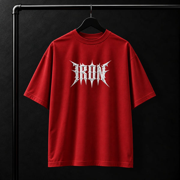 NBD IRON 240 GSM oversized T-shirt in Red — front view, IRON raised in white 3D puff print across the chest, studio shot on a hanger