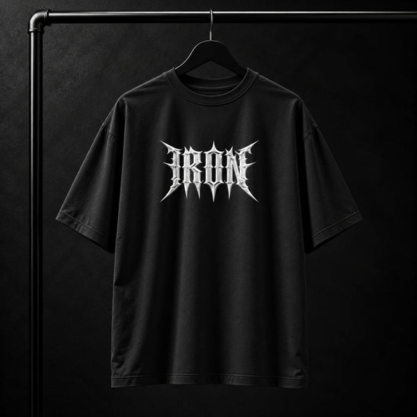 NBD IRON 240 GSM oversized T-shirt in Black — front view, IRON raised in white 3D puff print across the chest, studio shot on a hanger