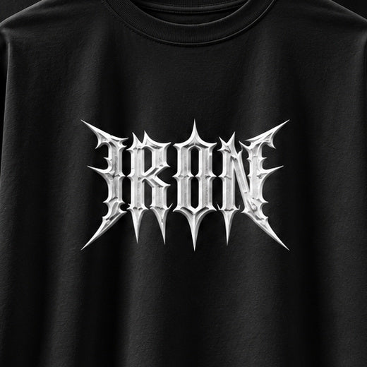 NBD IRON 240 GSM oversized T-shirt in Black — front print close-up, raised white 3D puff IRON lettering