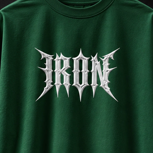 NBD IRON 240 GSM oversized T-shirt in Bottle Green — front print close-up, raised white 3D puff IRON lettering