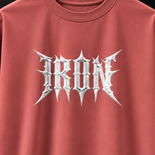NBD IRON 240 GSM oversized T-shirt in Coral — front print close-up, raised white 3D puff IRON lettering