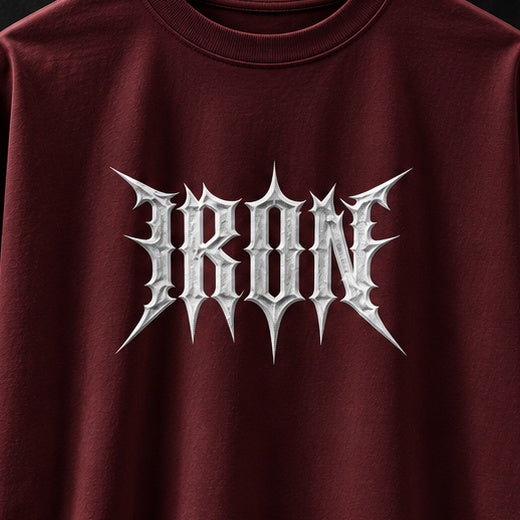 NBD IRON 240 GSM oversized T-shirt in Maroon — front print close-up, raised white 3D puff IRON lettering