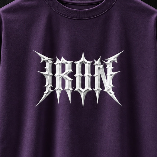 NBD IRON 240 GSM oversized T-shirt in Purple — front print close-up, raised white 3D puff IRON lettering