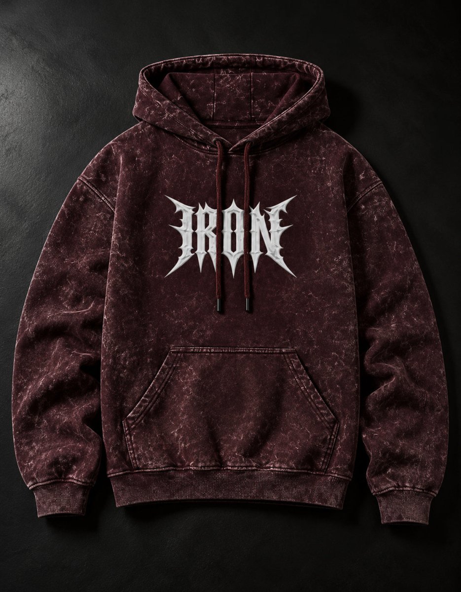 NBD IRON acid wash hoodie in Maroon — front view, white IRON lettering across the chest, drawcord hood and kangaroo pocket