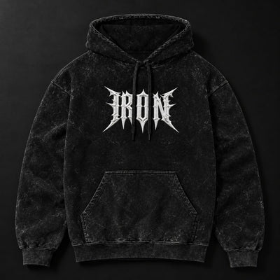 NBD IRON acid wash hoodie in Black — front view, white IRON lettering across the chest, drawcord hood and kangaroo pocket