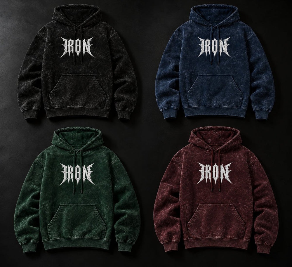 NBD IRON acid wash hoodie in all four colours — front views side by side