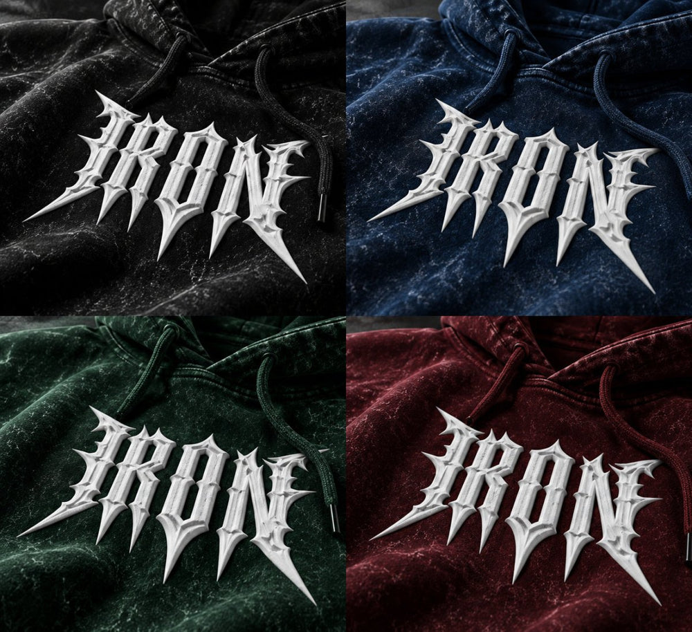 NBD IRON acid wash hoodie in all four colours — close-ups of the white IRON print on the chest of each colour