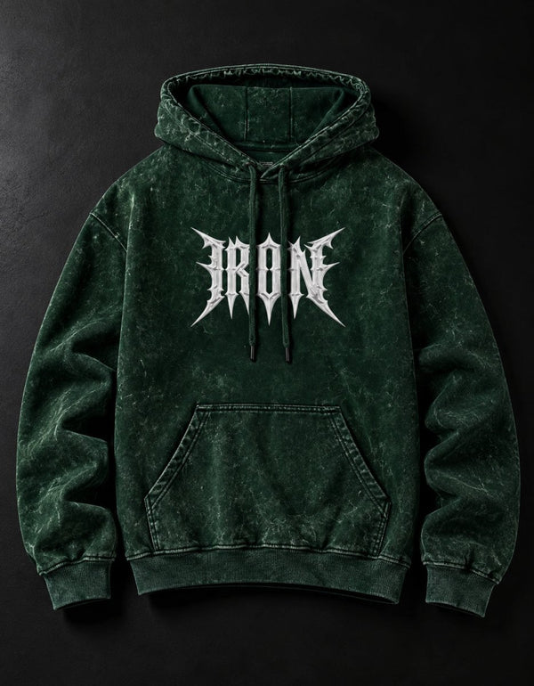NBD IRON acid wash hoodie in Bottle Green — front view, white IRON lettering across the chest, drawcord hood and kangaroo pocket
