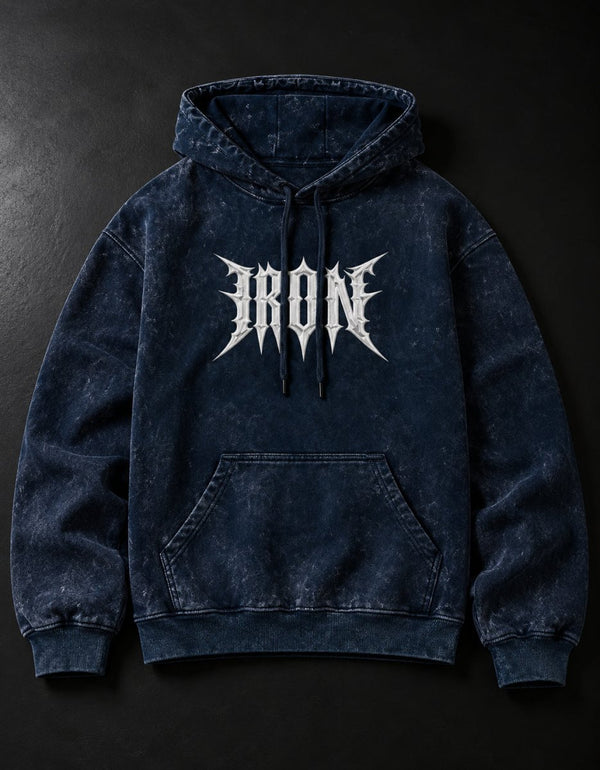 NBD IRON acid wash hoodie in Navy Blue — front view, white IRON lettering across the chest, drawcord hood and kangaroo pocket