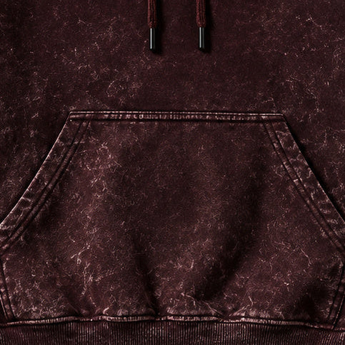 NBD IRON acid wash hoodie in Maroon — front close-up, kangaroo pocket and drawcords