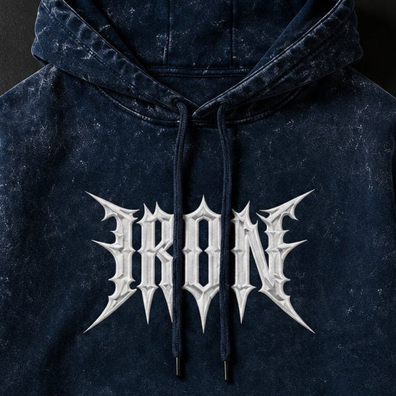 NBD IRON acid wash hoodie in Navy Blue — front print close-up, white IRON lettering across the chest