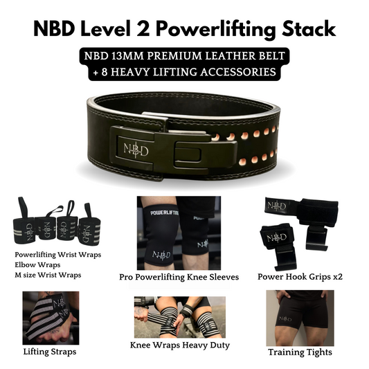 NBD Level 2 Powerlifting Stack – Complete heavy-duty lifting gear set with belt, knee sleeves, and accessories