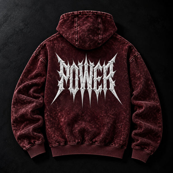 NBD POWER acid wash hoodie in Maroon — back view, large white spiked POWER lettering across the back, studio shot
