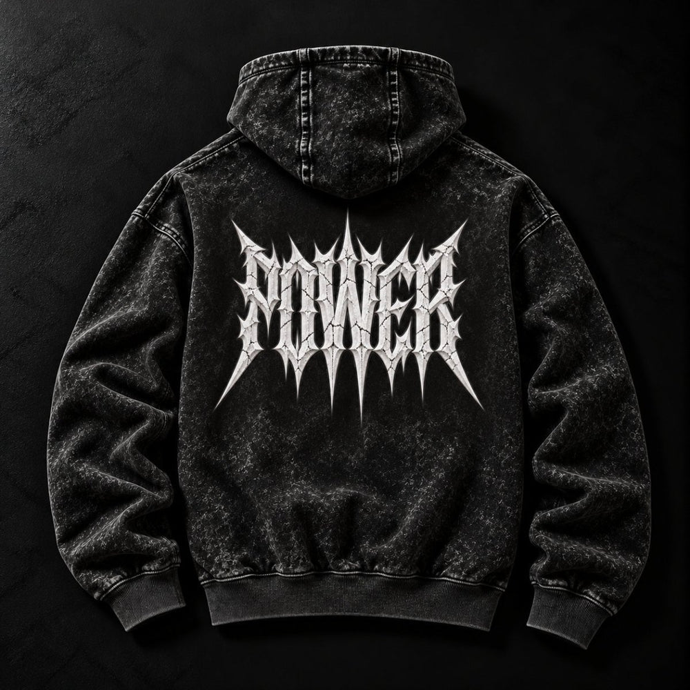 NBD POWER acid wash hoodie in Black — back view, large white spiked POWER lettering across the back, studio shot