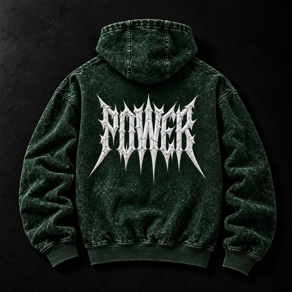 NBD POWER acid wash hoodie in Bottle Green — back view, large white spiked POWER lettering across the back, studio shot