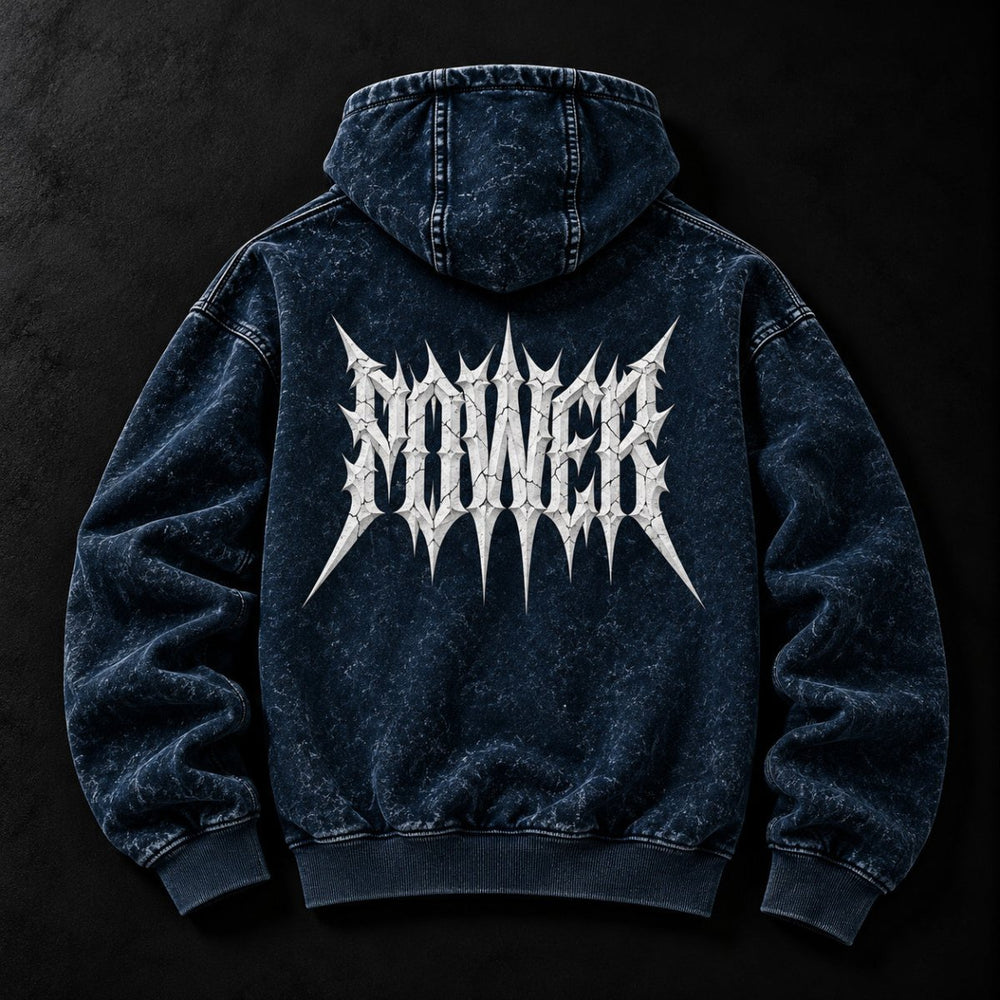 NBD POWER acid wash hoodie in Navy Blue — back view, large white spiked POWER lettering across the back, studio shot