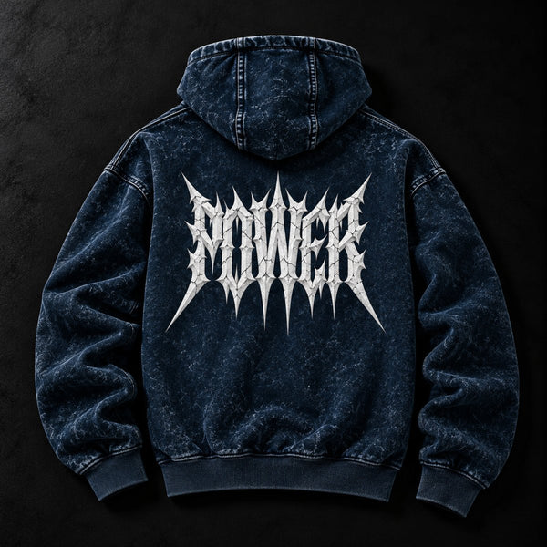 NBD POWER acid wash hoodie in Navy Blue — back view, large white spiked POWER lettering across the back, studio shot