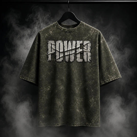 NBD POWER — Brutal Oversized Acid Wash Tee — Back view, Olive Green