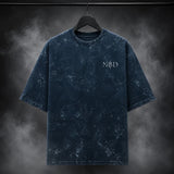 NBD POWER oversized acid wash tee in Navy Blue - front view, unisex drop-shoulder fit
