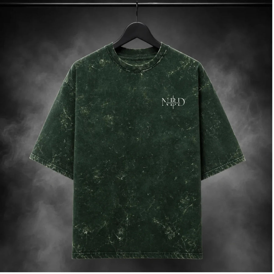 NBD POWER — Brutal Oversized Acid Wash Tee — NBD POWER oversized acid wash tee in Bottle Green - front view, unisex drop-shoulder fit