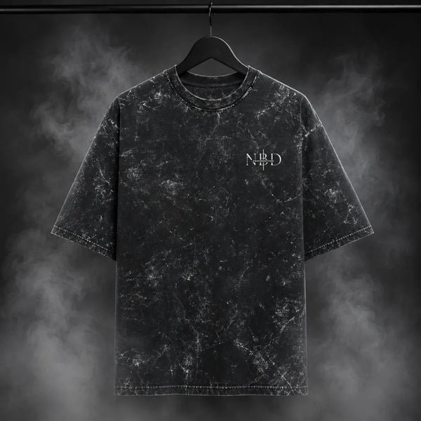 NBD POWER oversized acid wash tee in Black - front view, unisex drop-shoulder fit