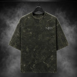 NBD POWER oversized acid wash tee in Olive Green - front view, unisex drop-shoulder fit