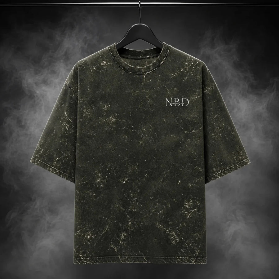 NBD POWER — Brutal Oversized Acid Wash Tee — NBD POWER oversized acid wash tee in Olive Green - front view, unisex drop-shoulder fit