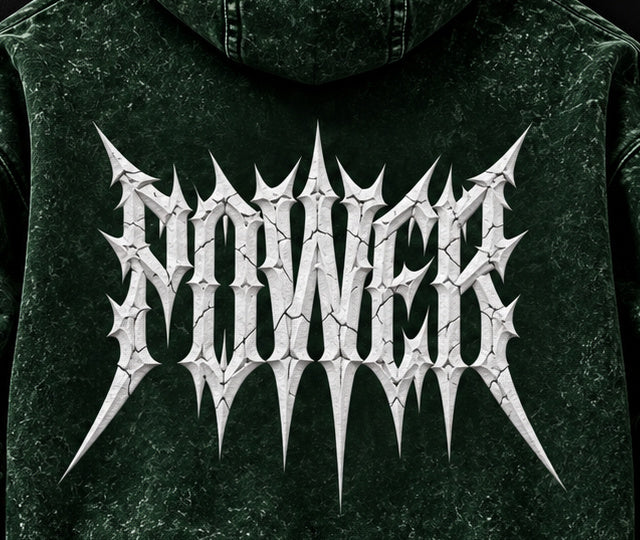 NBD POWER acid wash hoodie in Bottle Green — back print close-up, white spiked POWER lettering