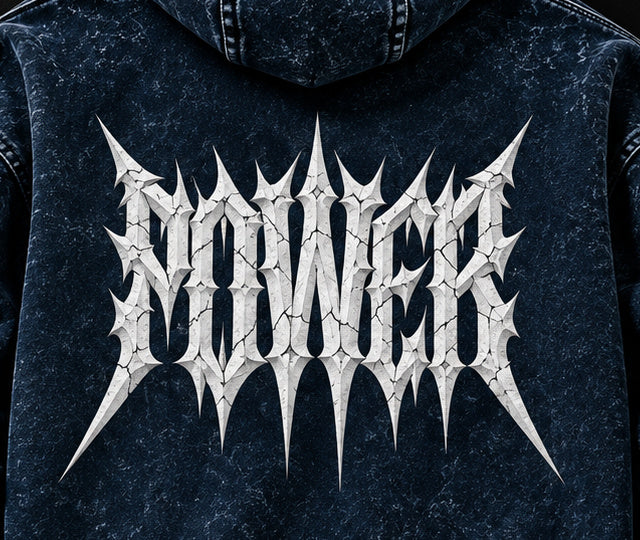 NBD POWER acid wash hoodie in Navy Blue — back print close-up, white spiked POWER lettering