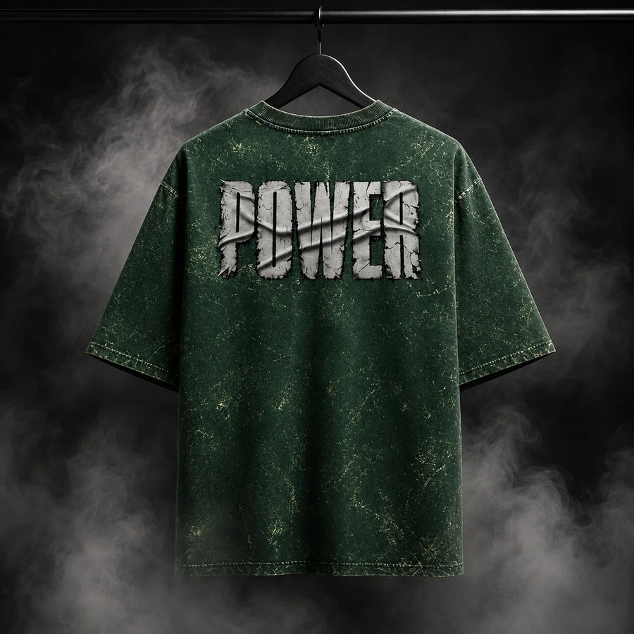 NBD POWER — Brutal Oversized Acid Wash Tee — Back Print, Bottle Green