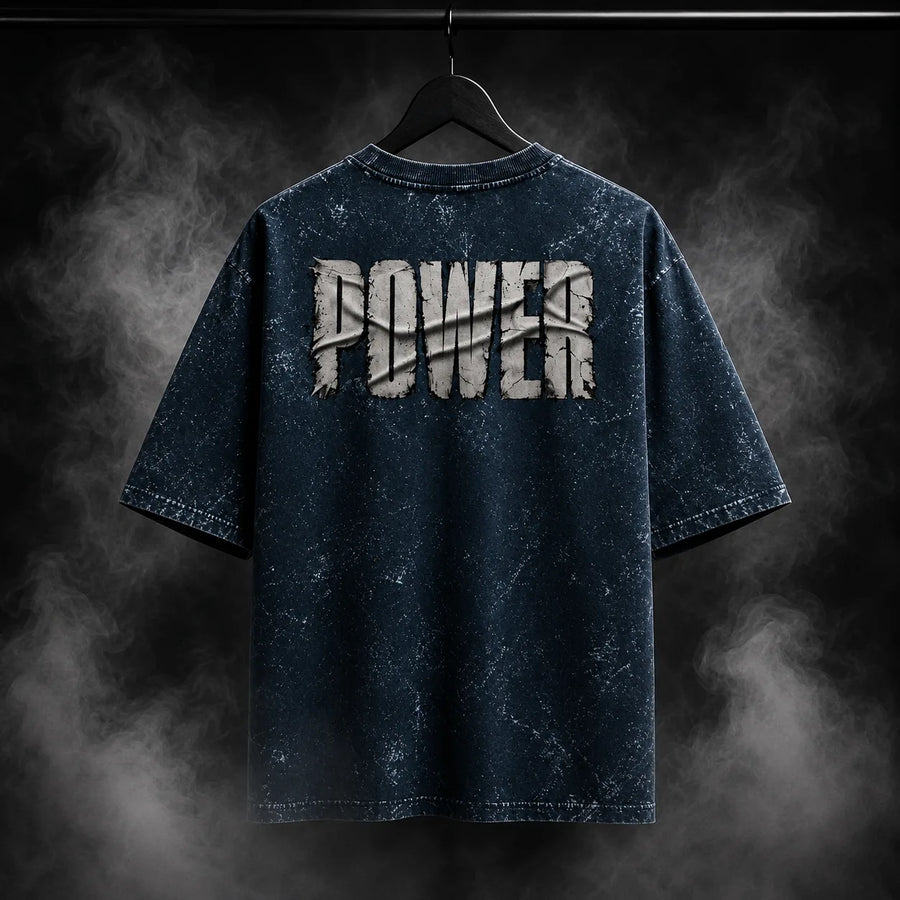 NBD POWER — Brutal Oversized Acid Wash Tee — Back Print, Navy Blue