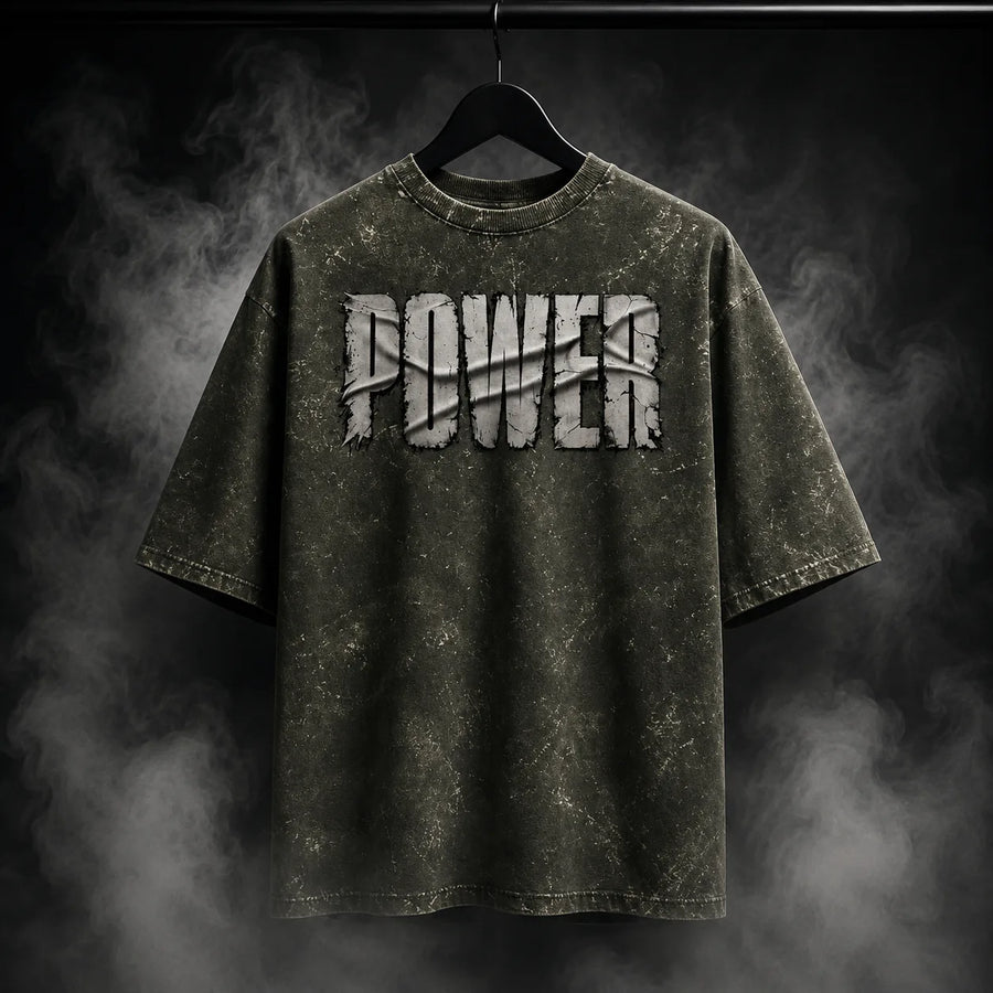 NBD POWER — Brutal Oversized Acid Wash Tee — Back Print, Olive Green