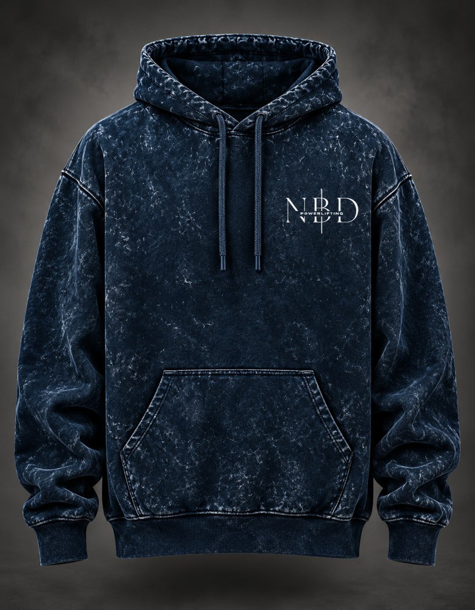 NBD POWERLIFTING Crest acid wash hoodie in Navy Blue — front view, NBD Powerlifting chest mark, kangaroo pocket and drawcord hood