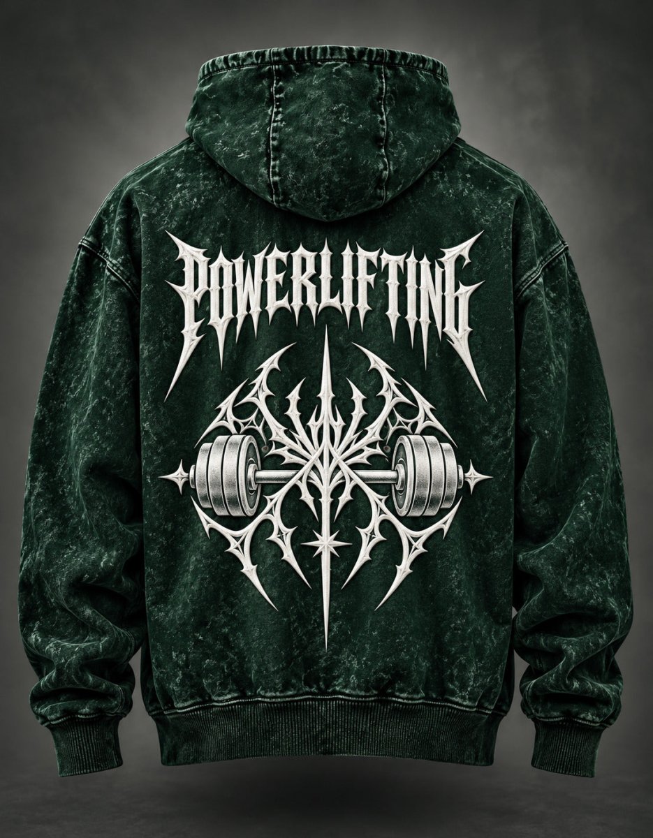 NBD POWERLIFTING Crest acid wash hoodie in Bottle Green — back view, white puff print POWERLIFTING lettering and barbell crest