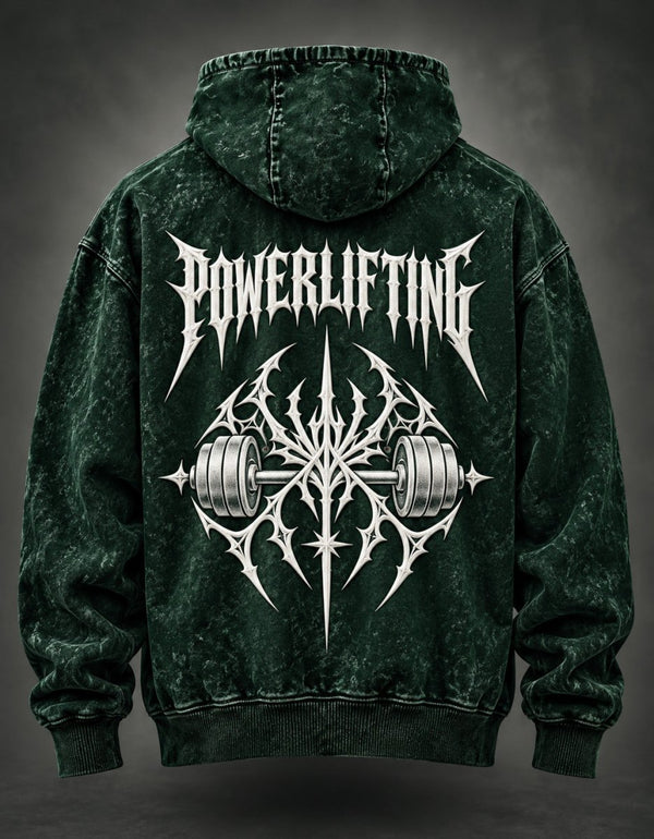 NBD POWERLIFTING Crest acid wash hoodie in Bottle Green — back view, white puff print POWERLIFTING lettering and barbell crest