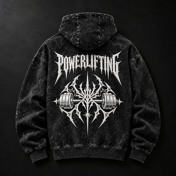 NBD POWERLIFTING Crest acid wash hoodie in Black — back view, white 3D puff print POWERLIFTING lettering and barbell crest, studio shot