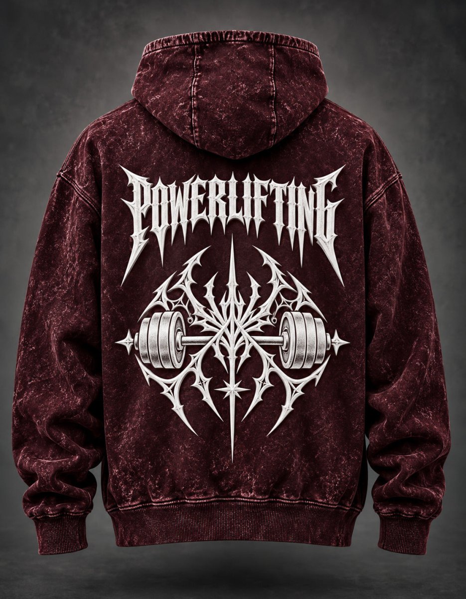 NBD POWERLIFTING Crest acid wash hoodie in Maroon — back view, white puff print POWERLIFTING lettering and barbell crest