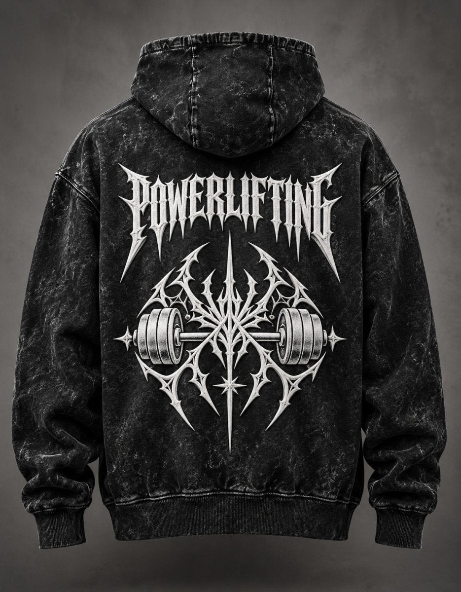 NBD POWERLIFTING Crest acid wash hoodie in Black — back view, white puff print POWERLIFTING lettering and barbell crest