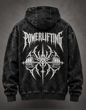 NBD POWERLIFTING Crest acid wash hoodie in Black — back view, white puff print POWERLIFTING lettering and barbell crest