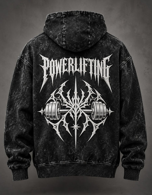 NBD POWERLIFTING Crest acid wash hoodie in Black — back view, white puff print POWERLIFTING lettering and barbell crest
