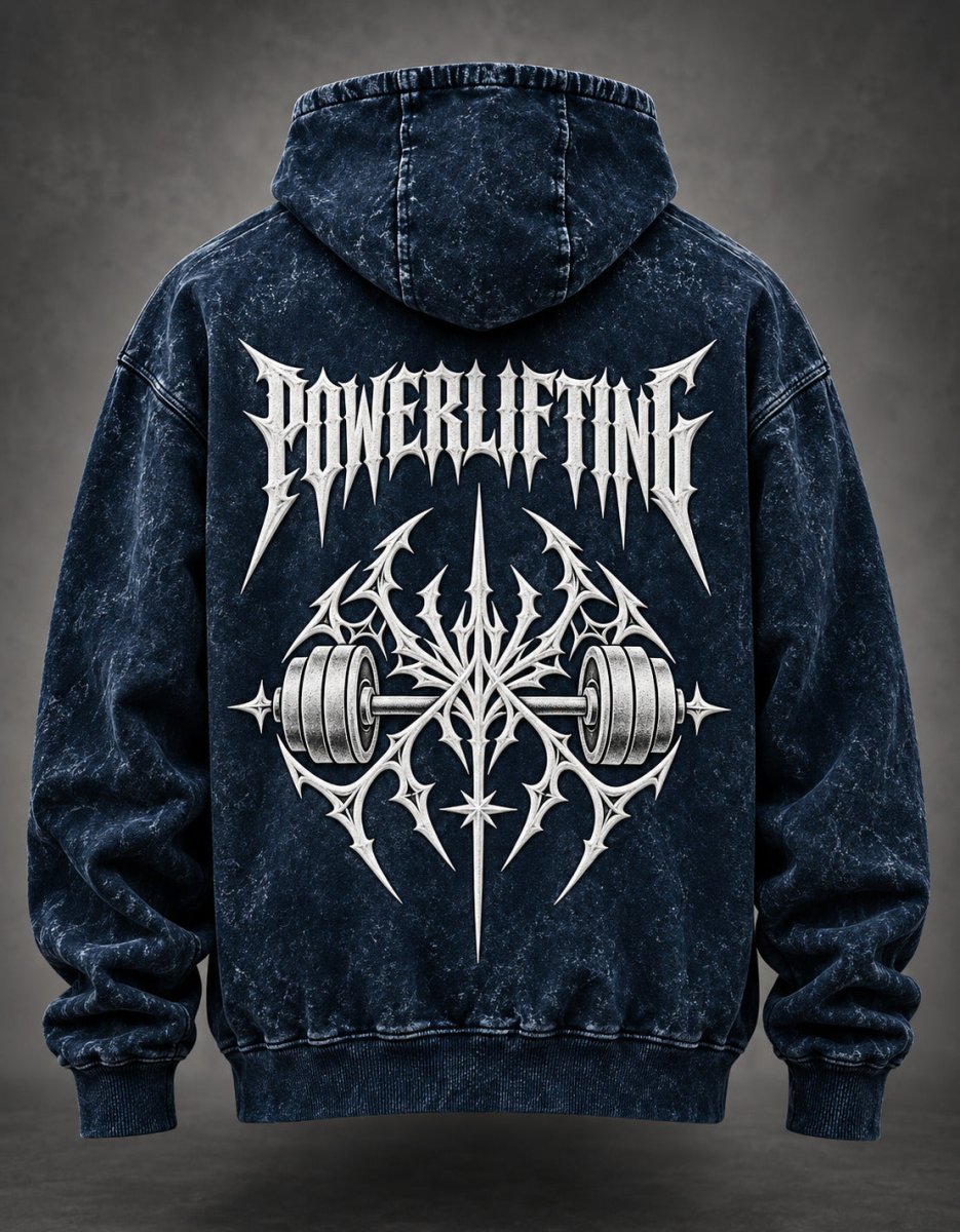 NBD POWERLIFTING Crest acid wash hoodie in Navy Blue — back view, white puff print POWERLIFTING lettering and barbell crest