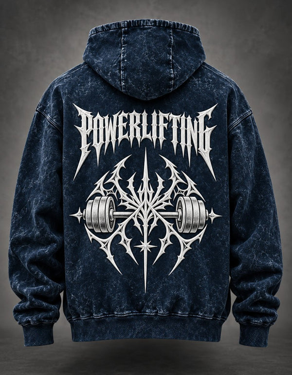 NBD POWERLIFTING Crest acid wash hoodie in Navy Blue — back view, white puff print POWERLIFTING lettering and barbell crest