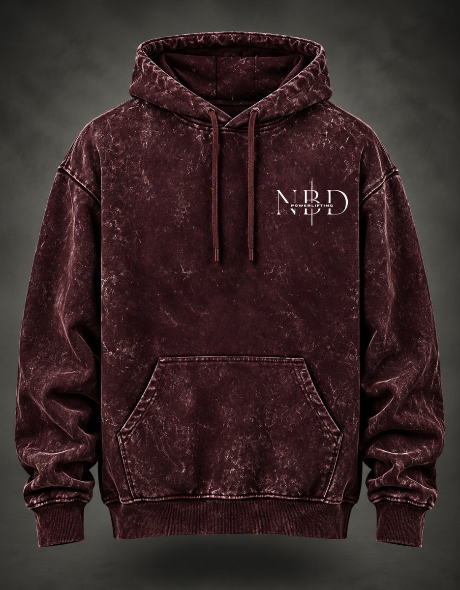 NBD POWERLIFTING Crest acid wash hoodie in Maroon — front view, NBD Powerlifting chest mark, kangaroo pocket and drawcord hood