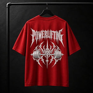 NBD POWERLIFTING Crest oversized T-shirt in Red — back view, raised white 3D puff print POWERLIFTING lettering above a barbell crest, studio shot on a hanger