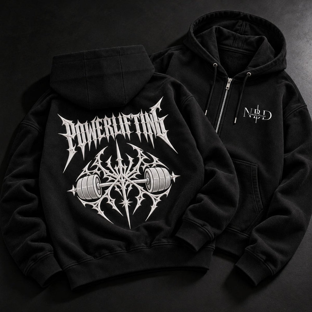 NBD POWERLIFTING Crest zip hoodie in black — front and back, the 3D puff print back beside the zipped front