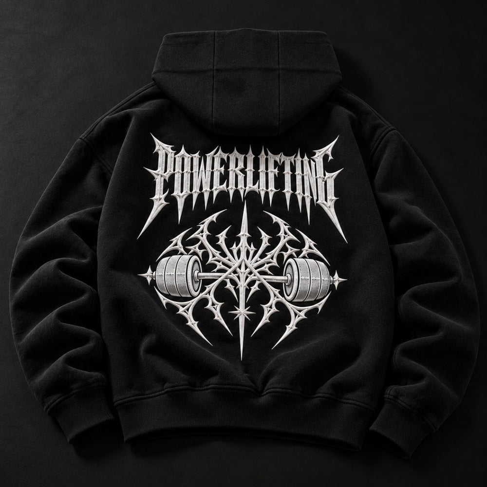 NBD POWERLIFTING Crest zip hoodie in black — back view, raised white 3D puff print POWERLIFTING lettering above a barbell crest